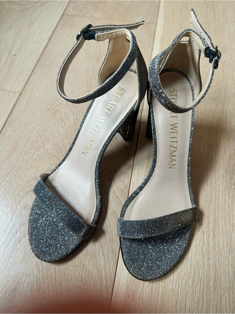 Stuart Weitzman Glitter Ankle-Strap Heels in Silver